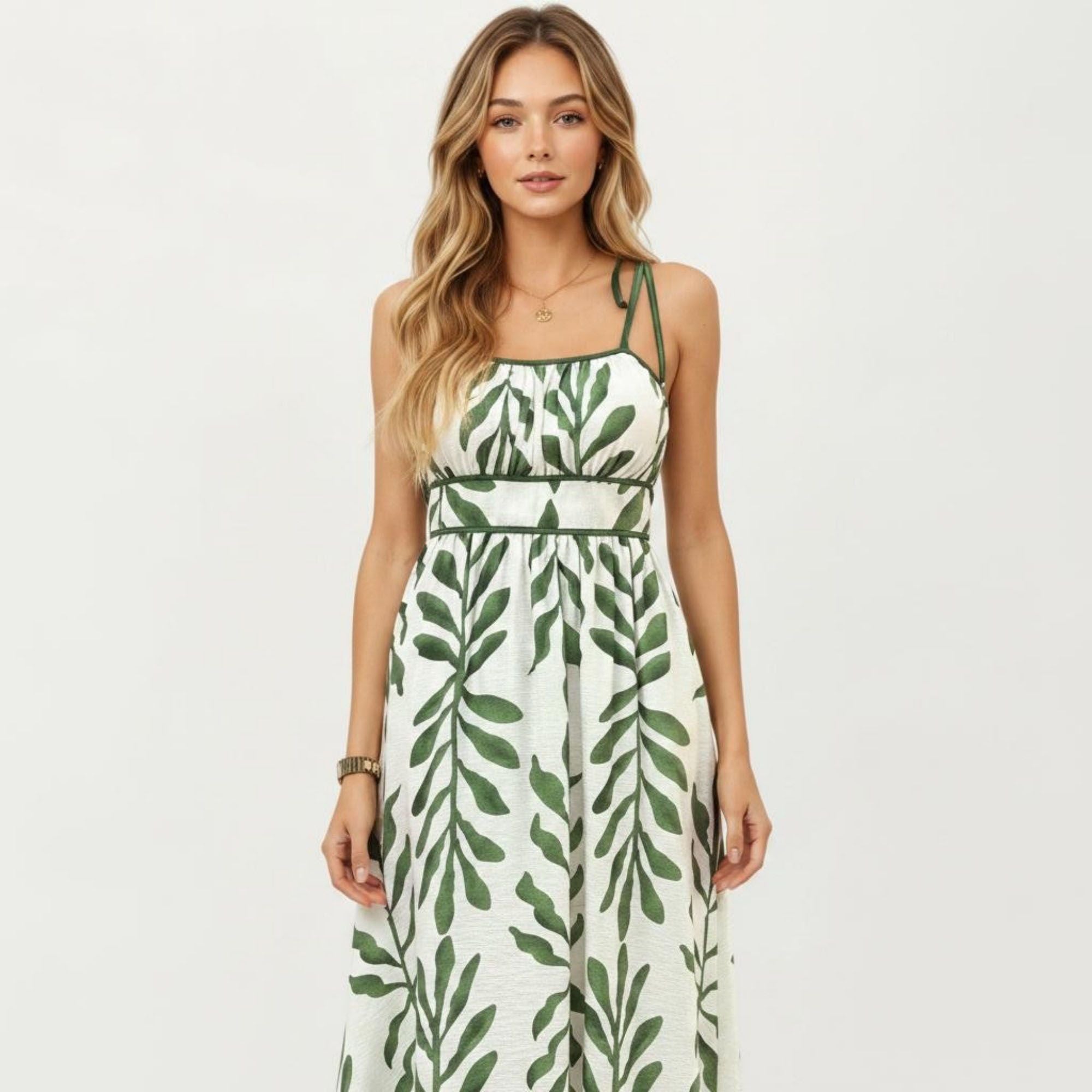 Anna-Kaci Women's Sleeveless Midi Dress with Leaf Print Tie Shoulder Straps Smocked Back Flowy A-Line Silhouette