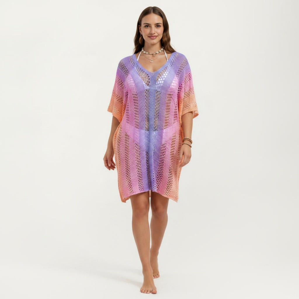 Anna-Kaci Women's Ombre Crochet Swim Cover Up Dress with Open Knit Mesh Design V Neck Short Sleeves Relaxed Fit
