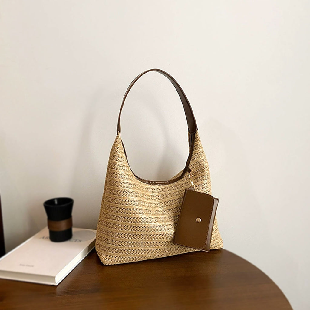Woven Straw Shoulder Bag Hobo Handbag with Removable Pouch and Magnetic Closure