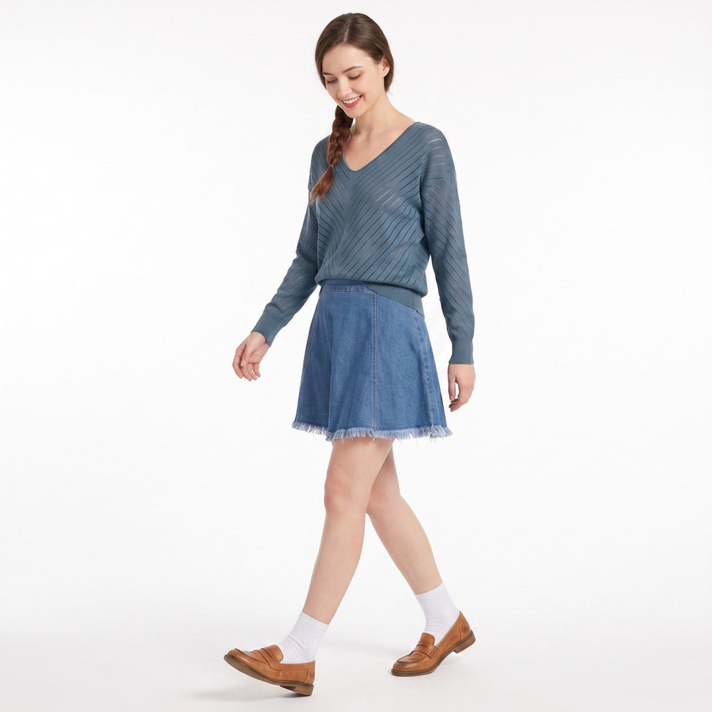 V-Neck Chevron Pointelle Knit Long Sleeve Sweater