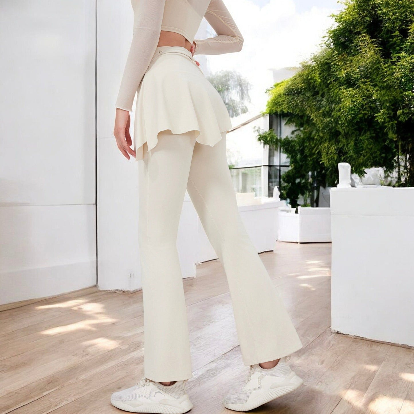 High Waist Flare Pants with Layered Skirt Overlay