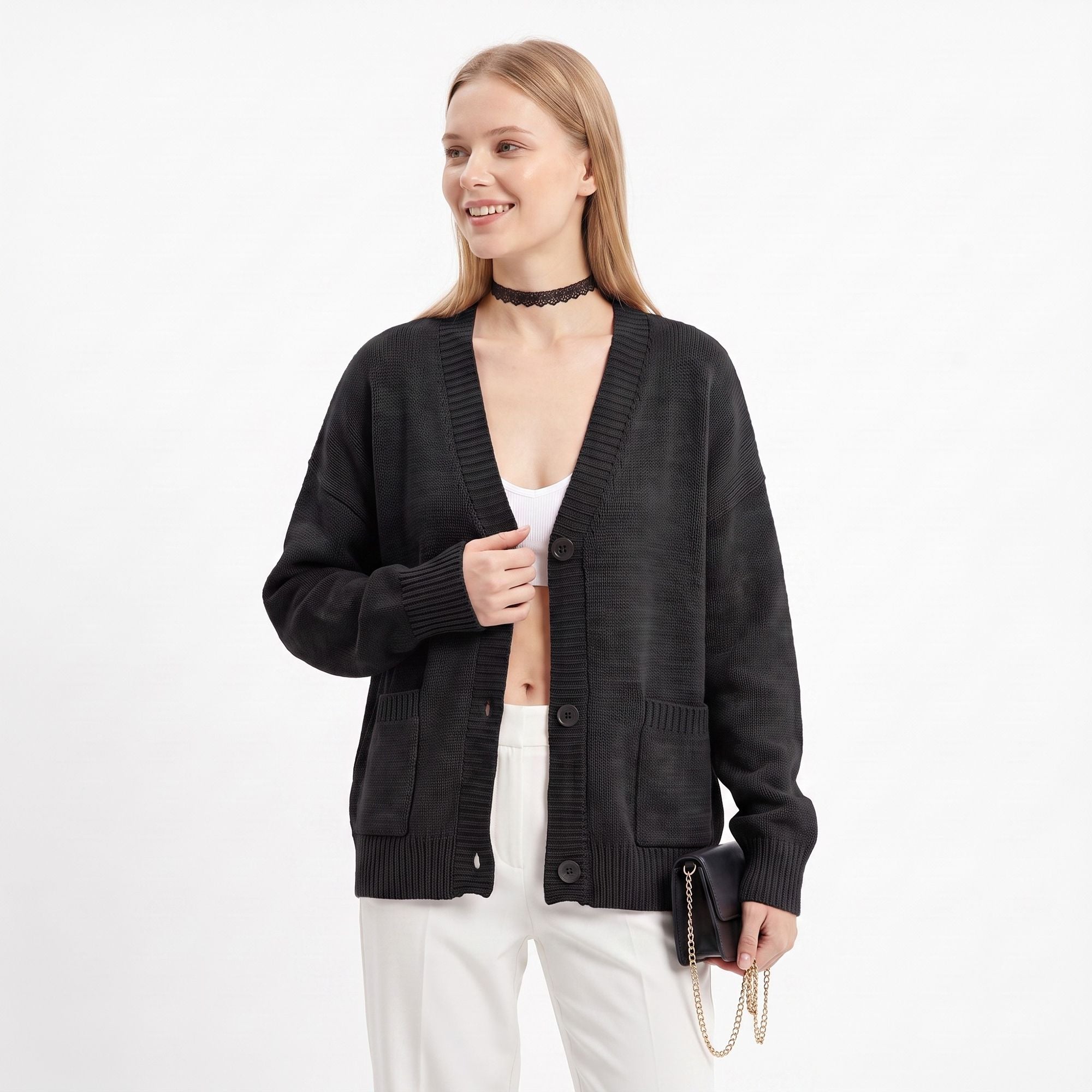 Oversized V Neck Button Front Cardigan with Pockets