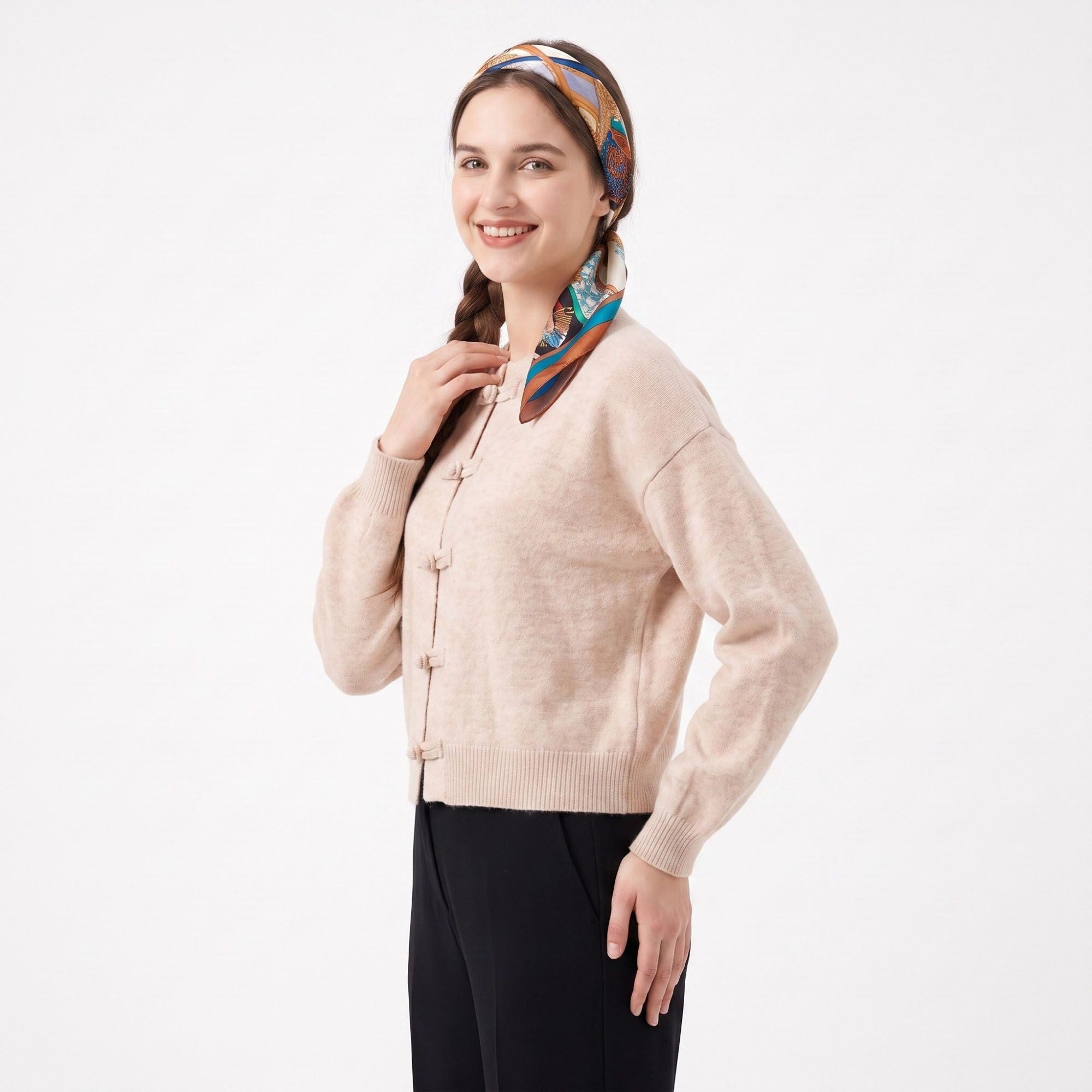 Bow Button Cardigan Crew Neck Long Sleeve Relaxed Fit Knit Sweater