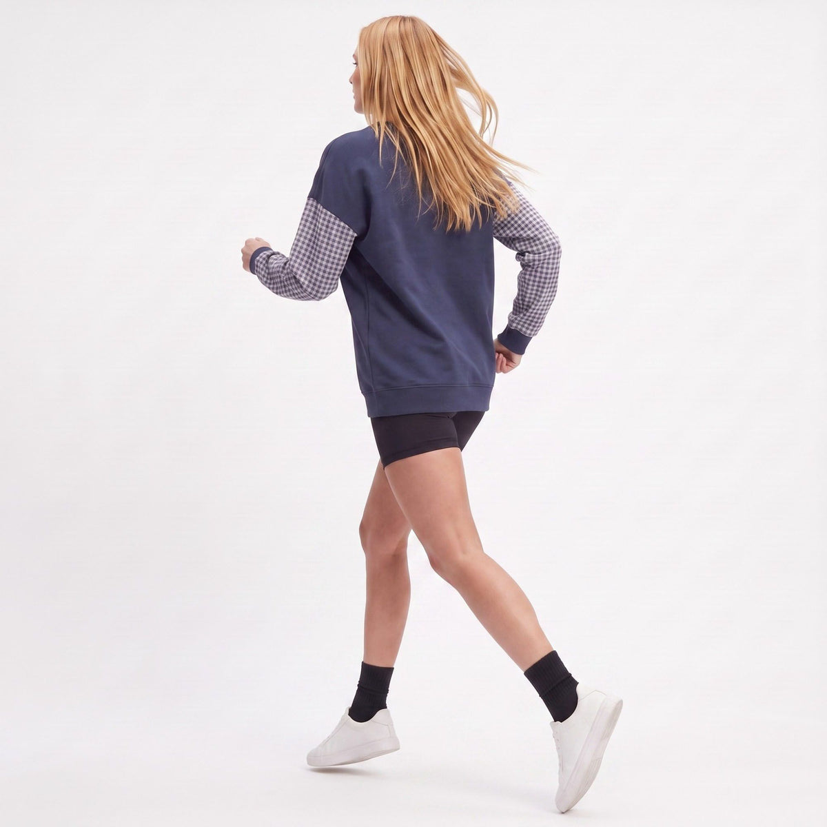 Plaid Sleeve Crew Neck Long Sleeve Pullover Sweatshirt
