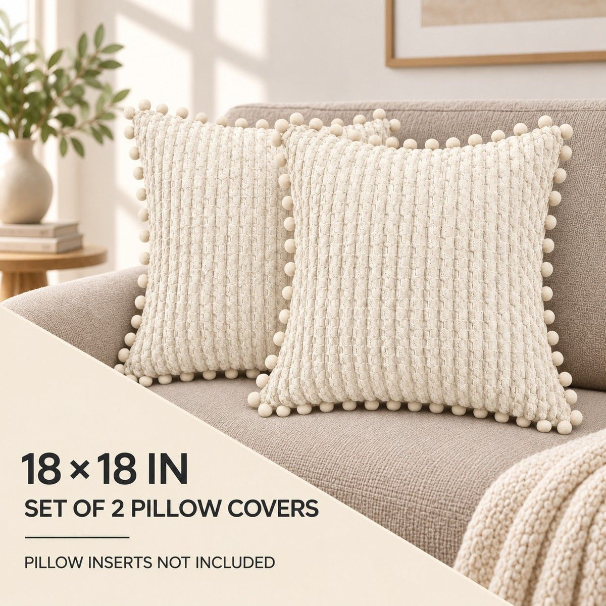 2 Pack Double Sided Corduroy Throw Pillow Covers 18 x 18 Inch with Pom Pom Trim