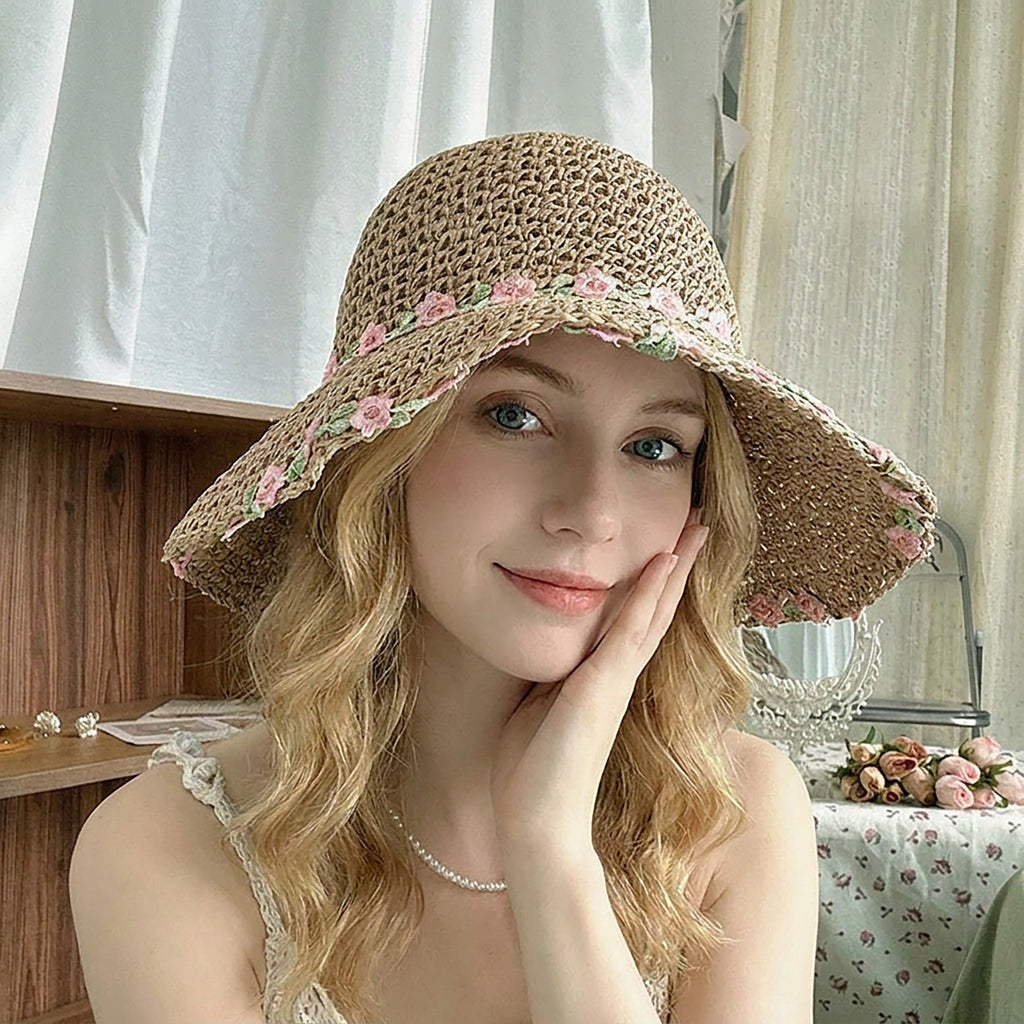 Crochet Bucket Sun Hat with Floral Embroidery and Wavy Brim Design
