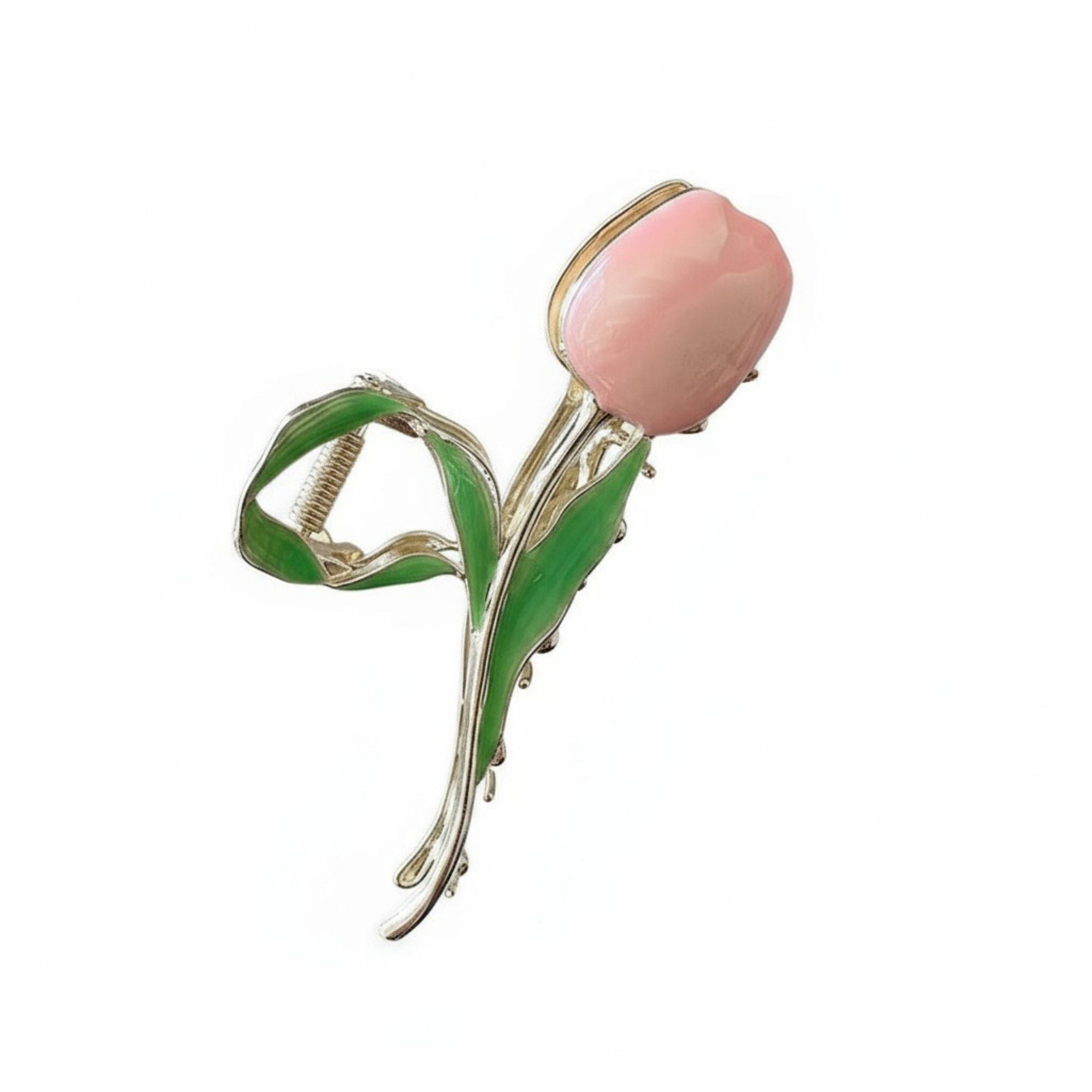Tulip Flower Metal Hair Claw Clip with Enamel Petal and Leaf Detailing