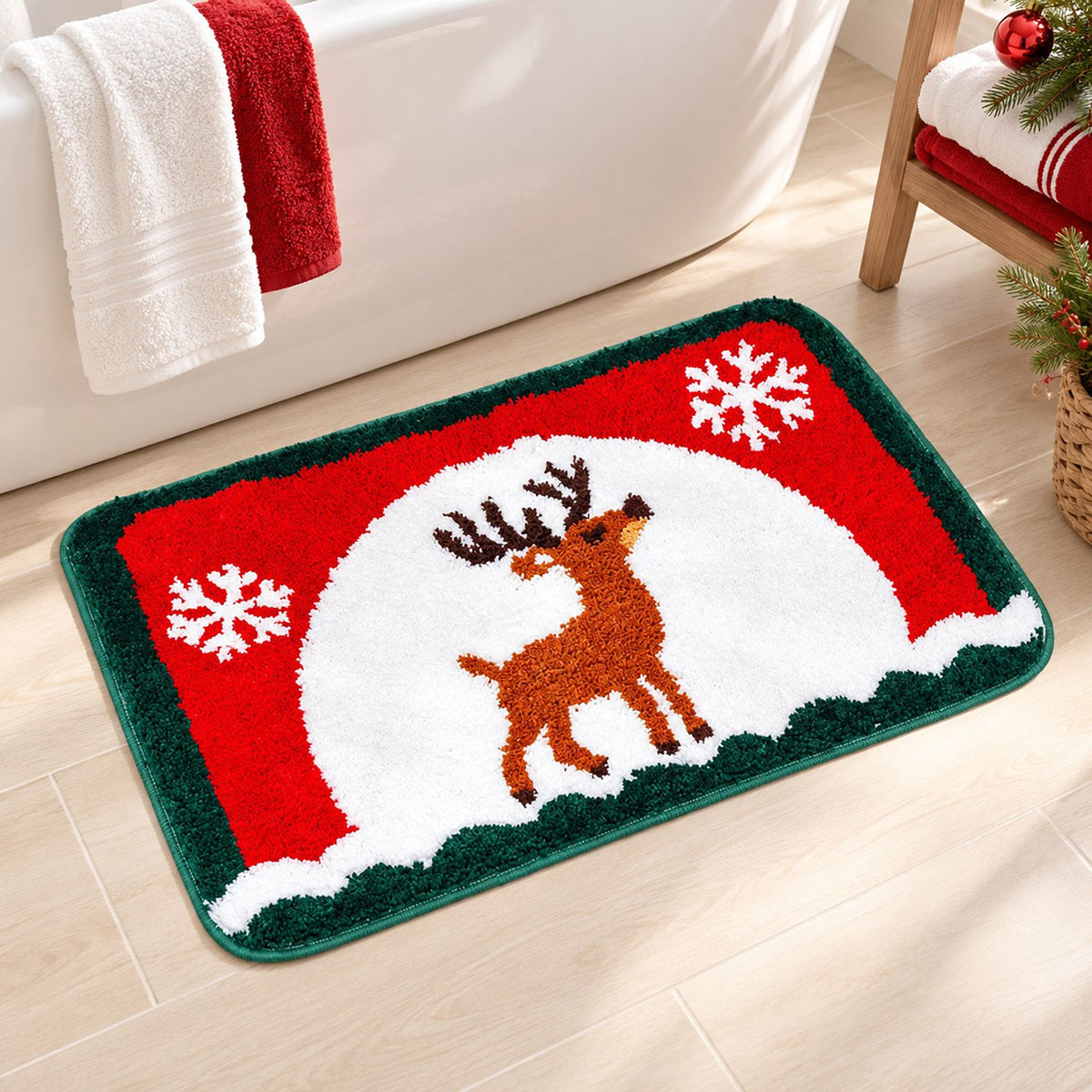 Christmas Gingerbread and Reindeer Tufted Bath Rug with Nonslip Backing 15.7 x 23.6 in