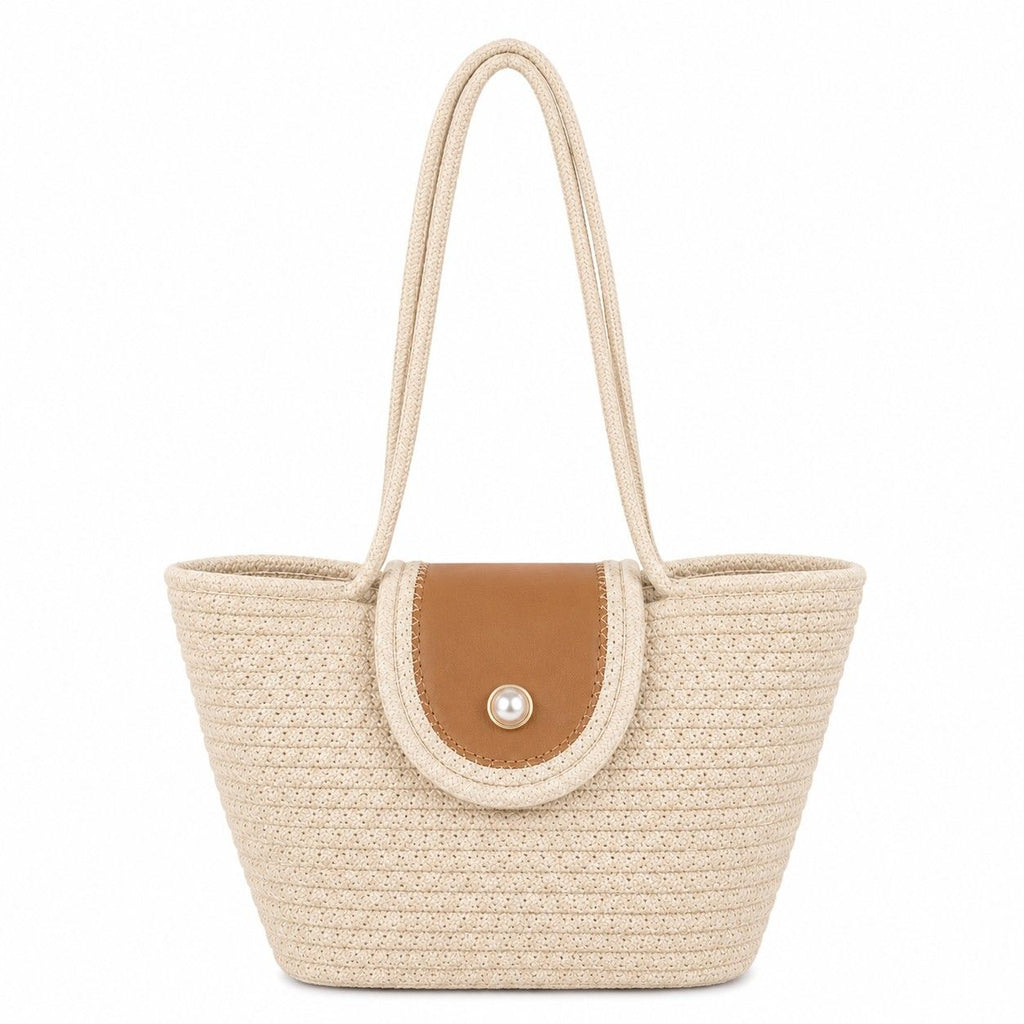 Woven Rope Tote Bag with Flap Cover Pearl Button Large Capacity Shoulder Carryall