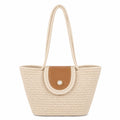 Woven Rope Tote Bag with Flap Cover Pearl Button Large Capacity Shoulder Carryall