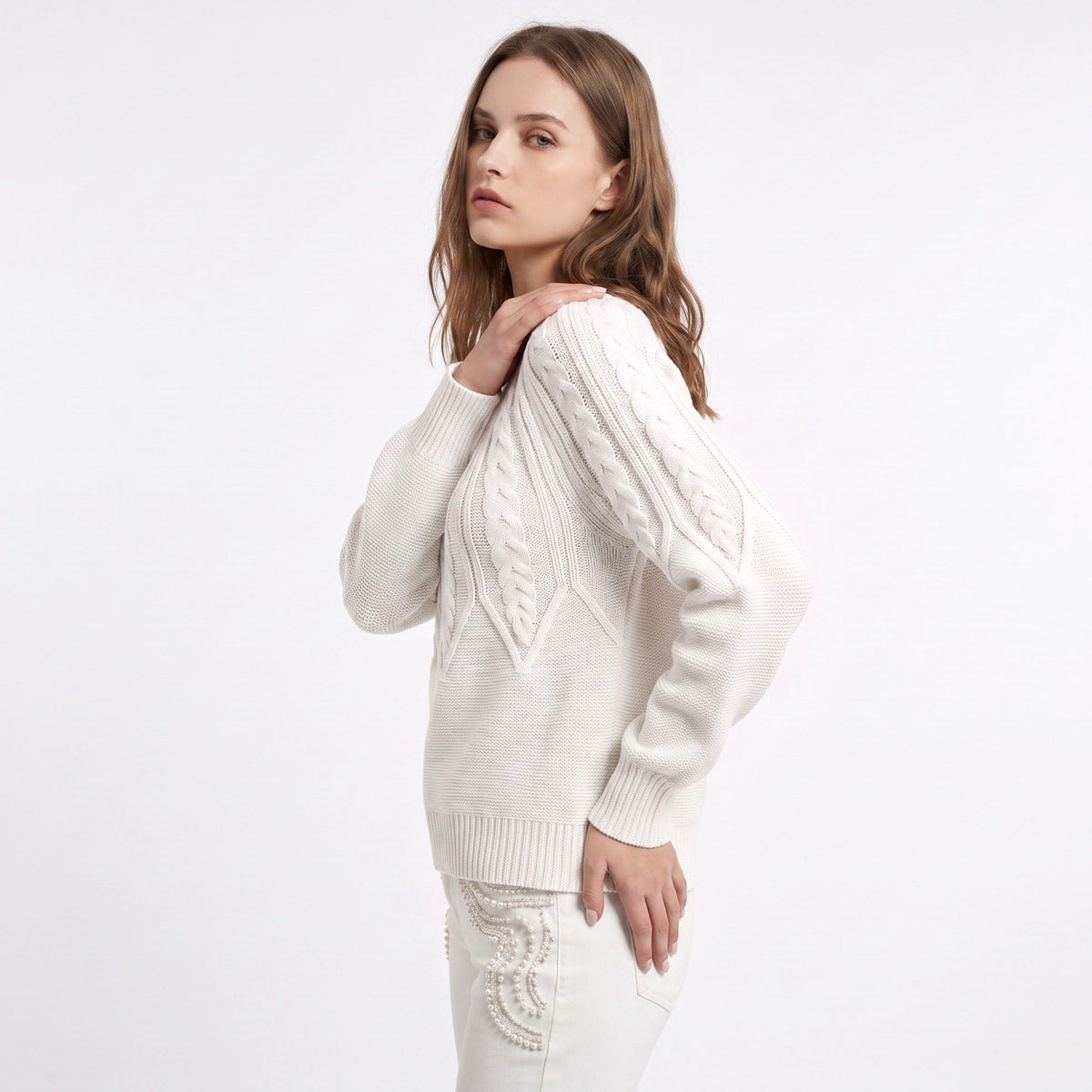 Cable Knit Crew Neck Long Sleeve Pullover Sweater