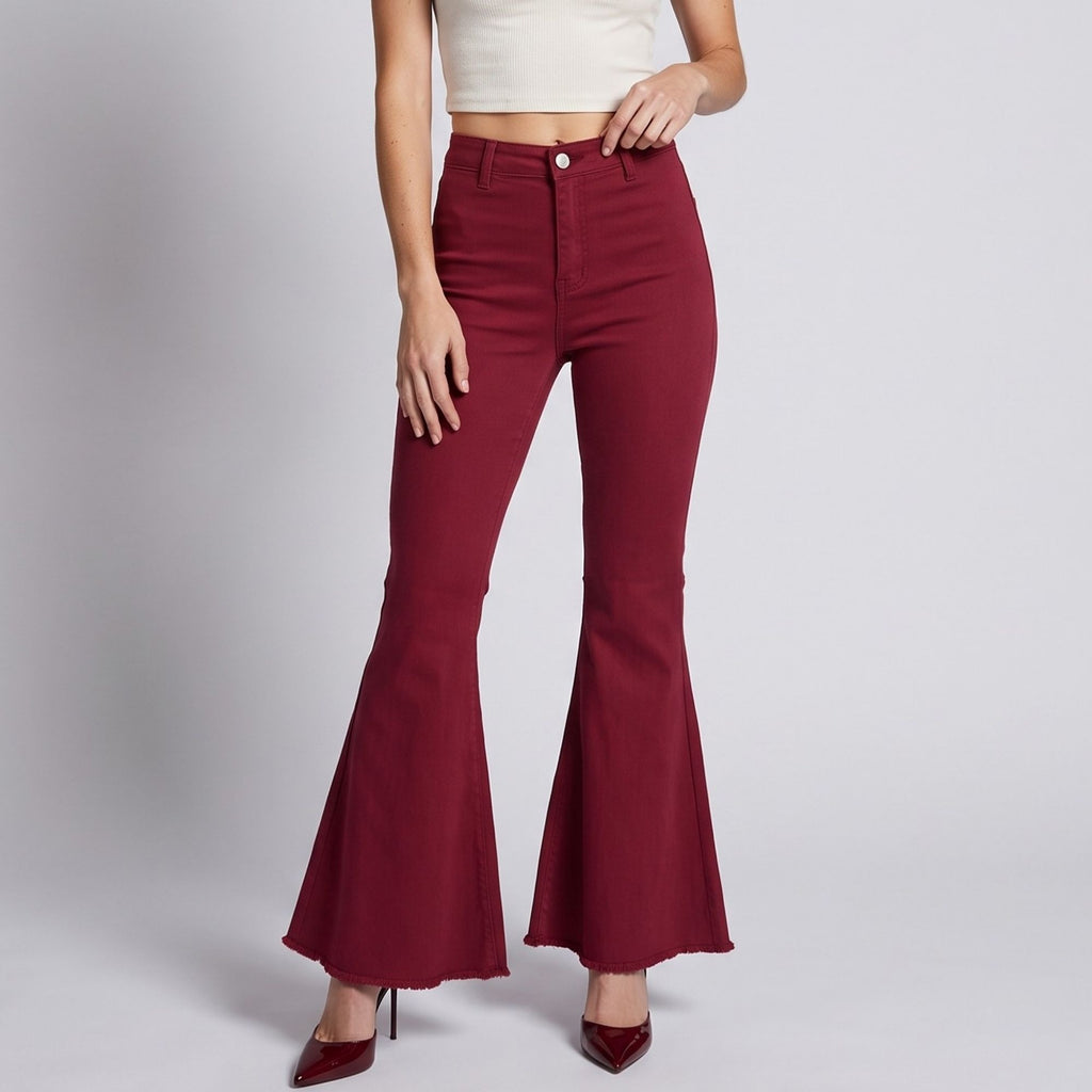 High Rise Flare Pants Button Front Stretch Wide Leg Hem Pants