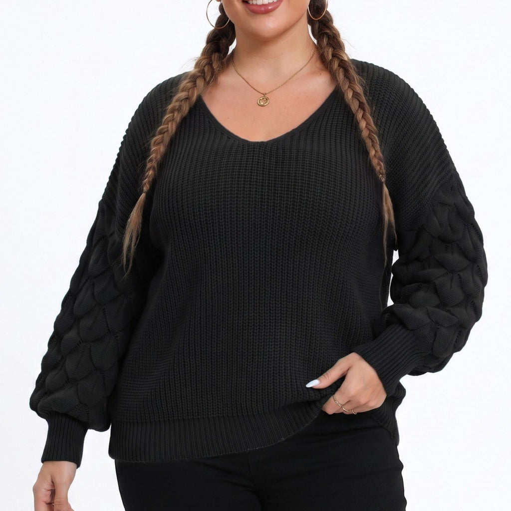 Plus Size V-Neck Textured Sleeve Pullover Sweater