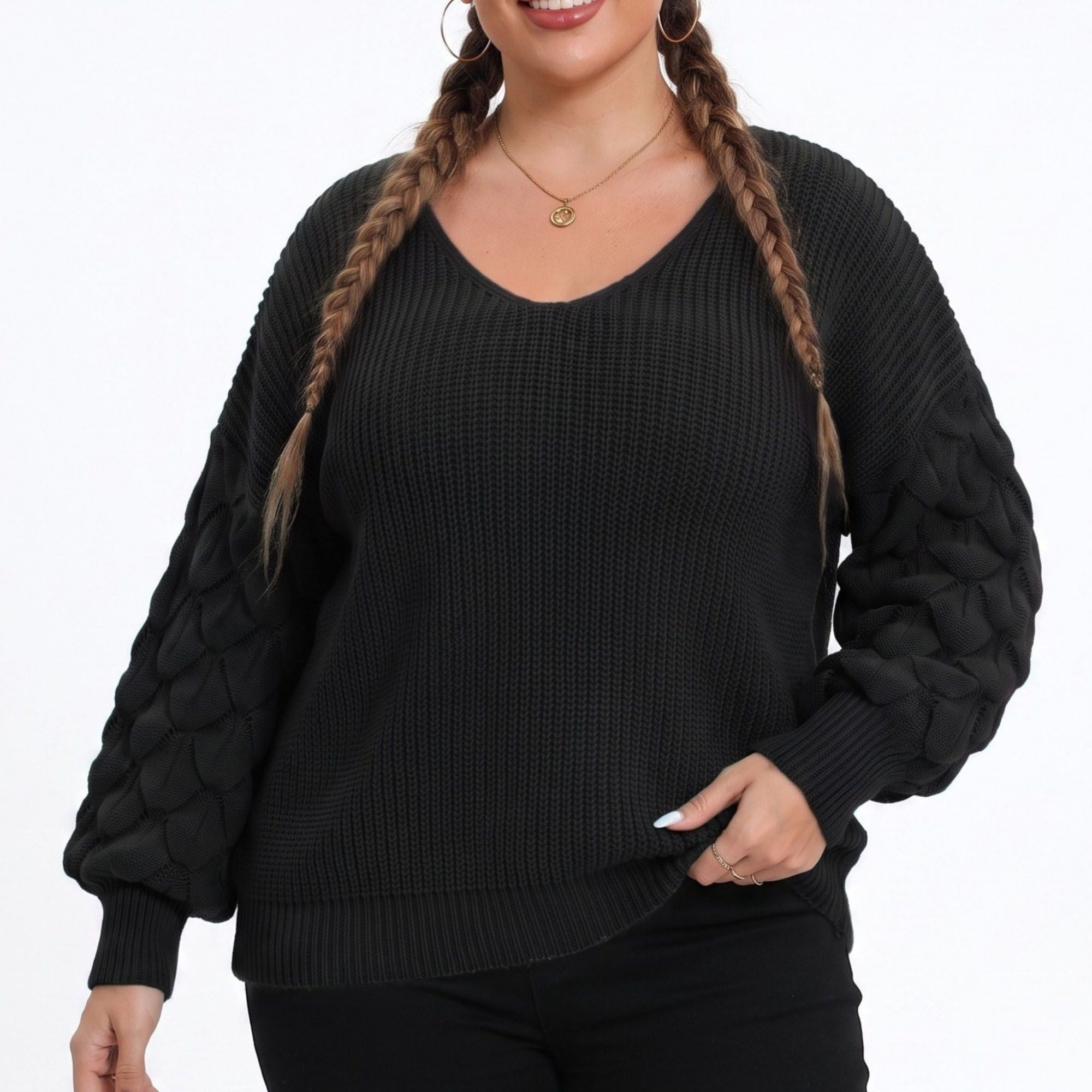 Plus Size V-Neck Textured Sleeve Pullover Sweater
