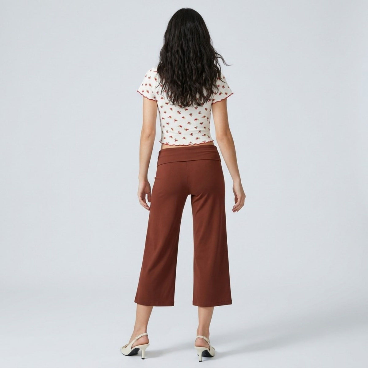 Foldover Waistband Cropped Wide-Leg Trousers