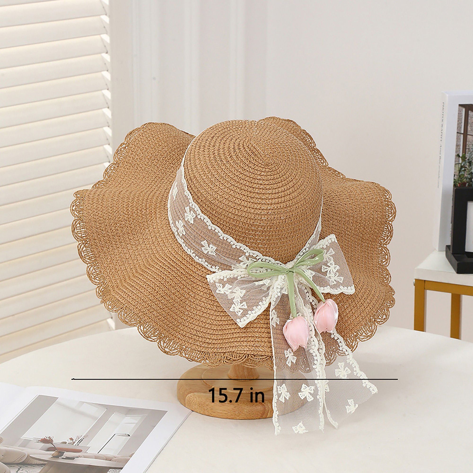 Wide Brim Straw Sun Hat with Scalloped Edge Lace Bow and Floral Accent