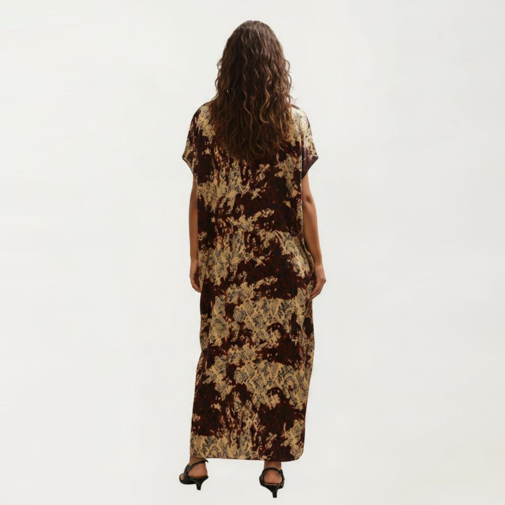 Anna-Kaci Women's Abstract Print Maxi Kaftan Dress with Contrast Trim and Relaxed Flowy Silhouette