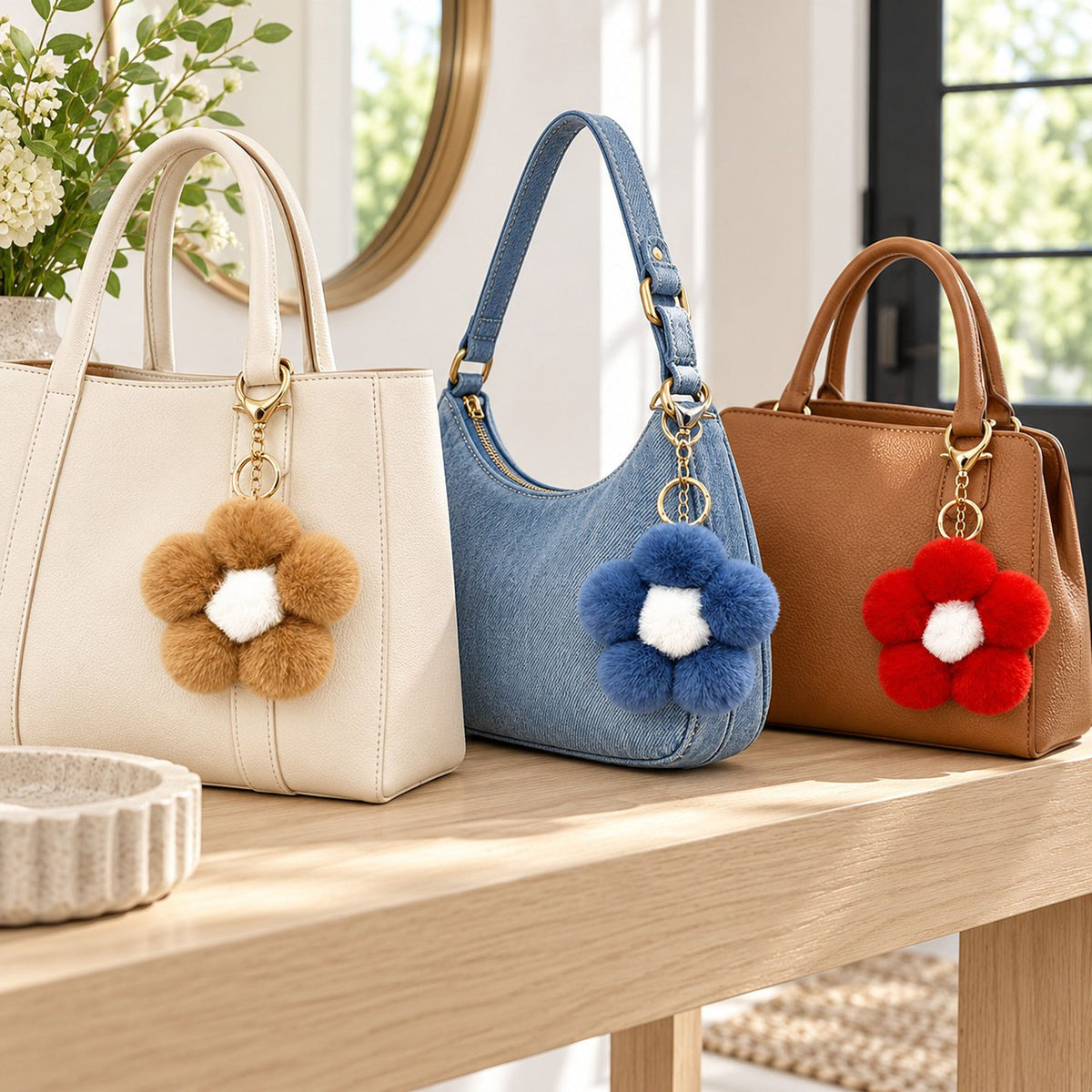Fluffy Flower Pom Pom Keychain Cute Faux Fur Bag Charm Set