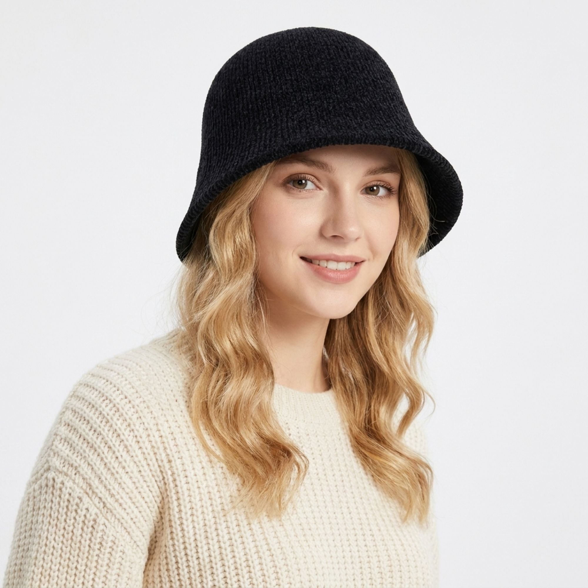 Textured Knit Cloche Bucket Hat Soft Brim Casual Hat