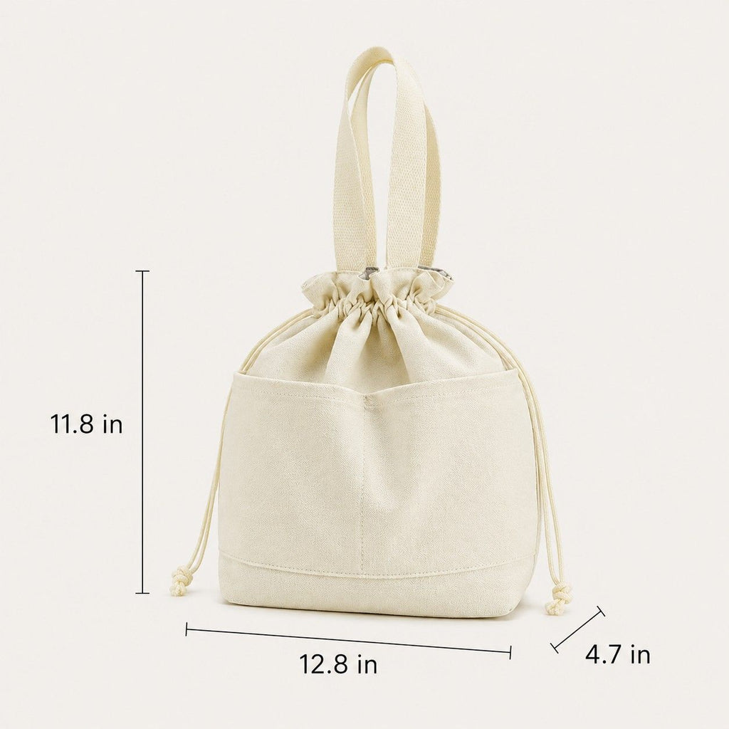 Insulated Drawstring Lunch Bag with Front Pockets Reusable Lunch Tote