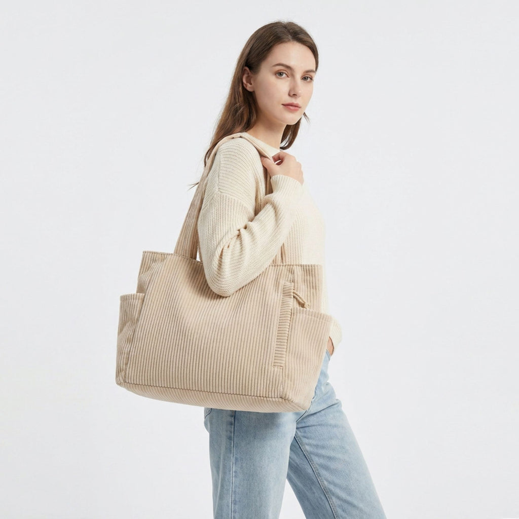 Corduroy Tote Bag Large Capacity Shoulder Bag with Side Pockets and Zipper Closure