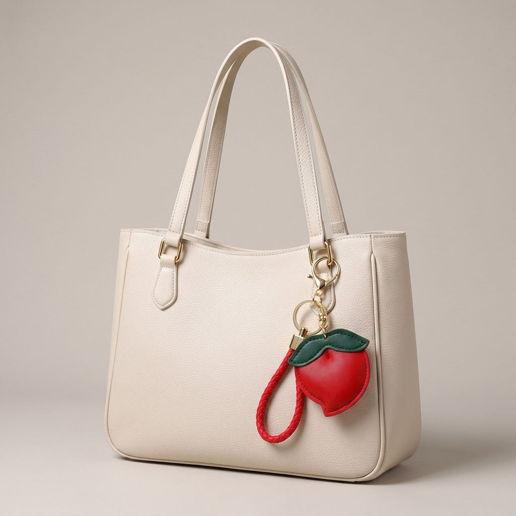 Peach Bag Charm with Braided Leather Loop and Gold Tone Hardware