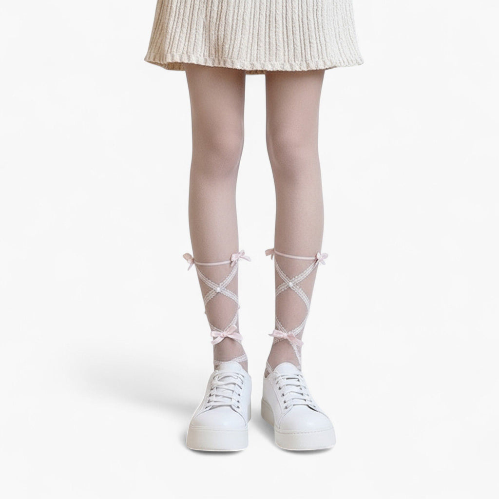 Anna-Kaci Women's Sheer Tights with Crisscross Lace Ribbon and Bow Detail at Ankles