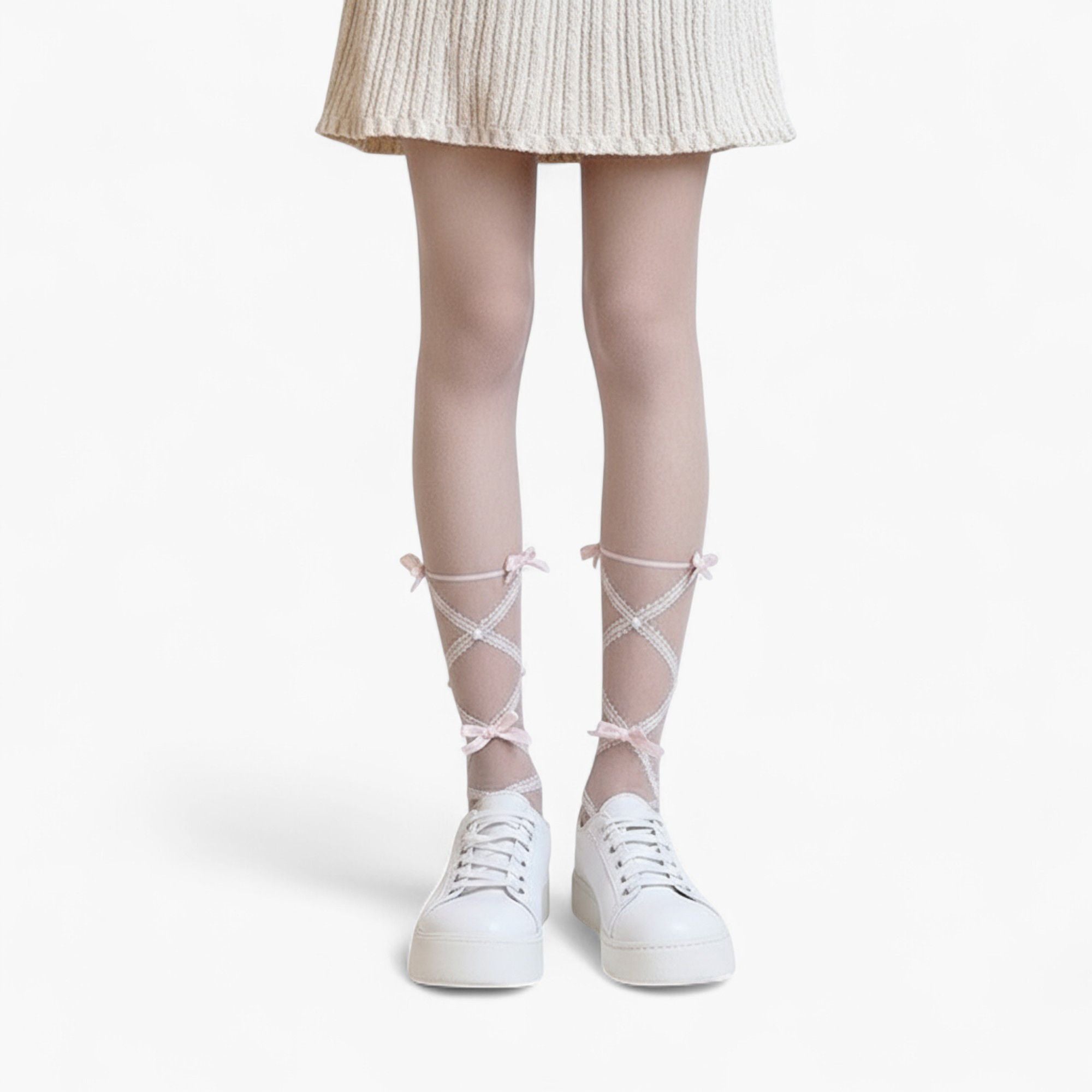 Anna-Kaci Women's Sheer Tights with Crisscross Lace Ribbon and Bow Detail at Ankles