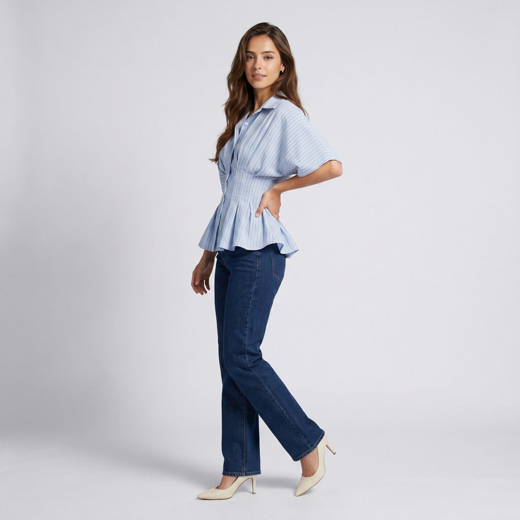 Anna-Kaci Women's Striped Button Front Peplum Blouse with Collared Neck and Pleated Hem