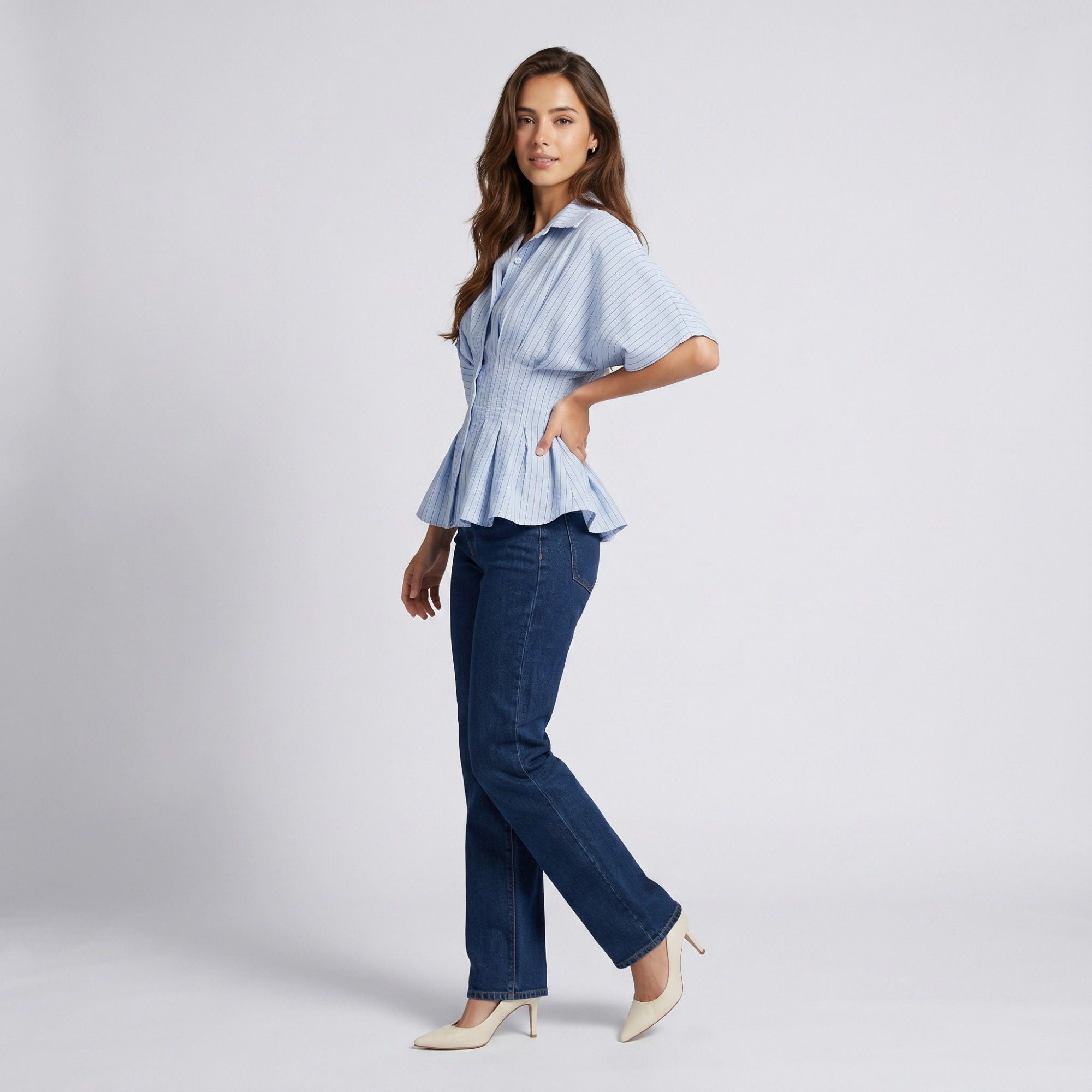 Anna-Kaci Women's Striped Button Front Peplum Blouse with Collared Neck and Pleated Hem