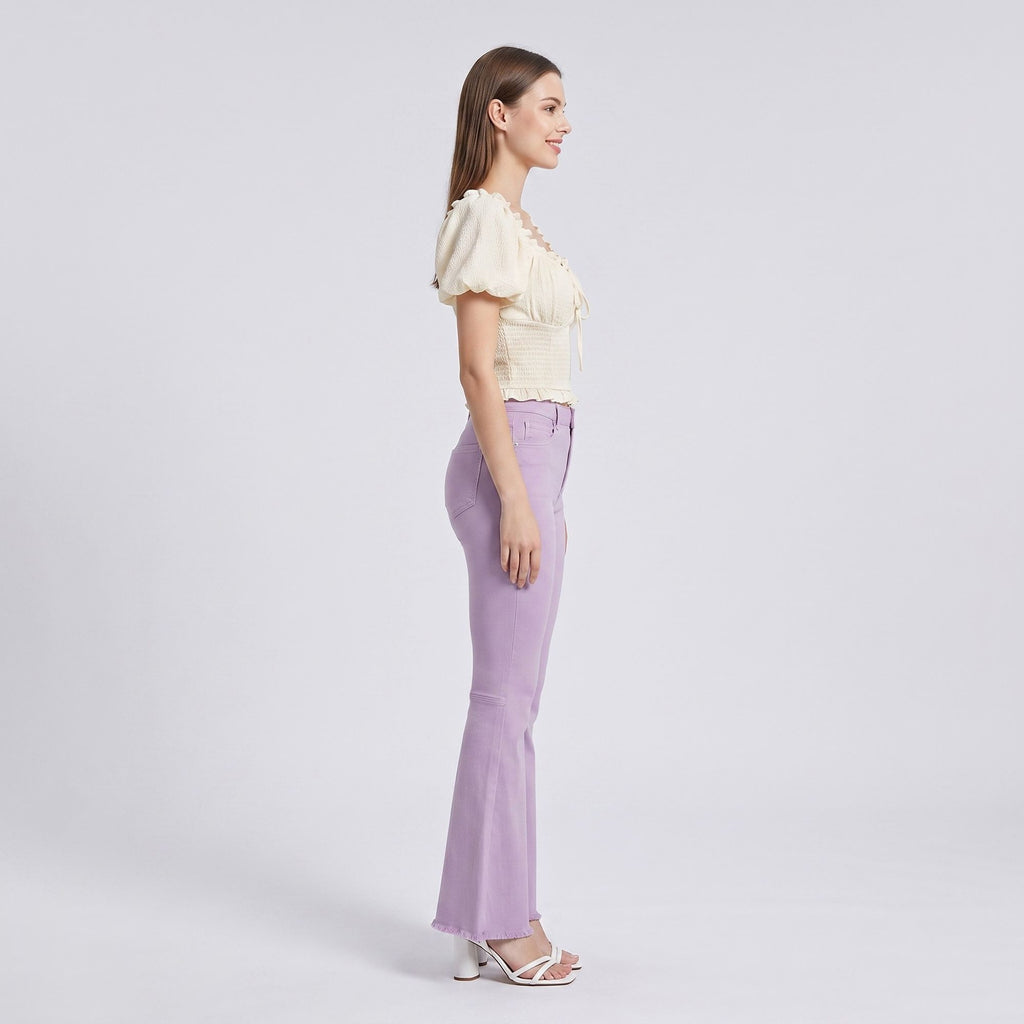 High Rise Flare Pants Button Front Stretch Wide Leg Hem Pants