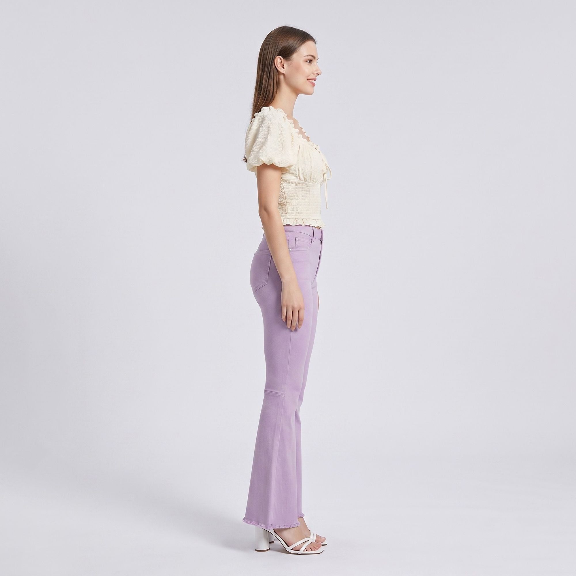 High Rise Flare Pants Button Front Stretch Wide Leg Hem Pants