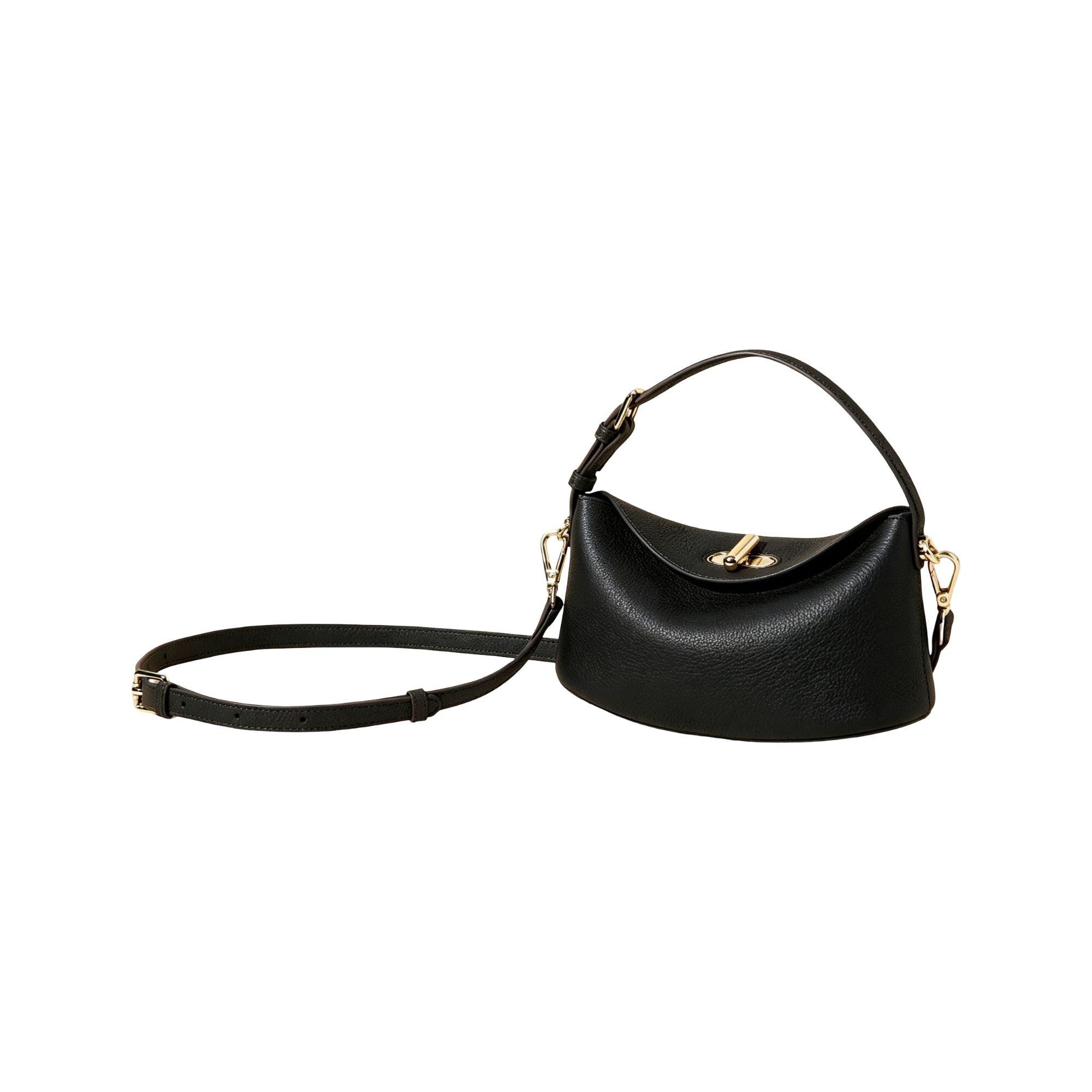 Curved Leather Mini Bag with Convertible Crossbody Strap and Foldover Turn Lock Closure