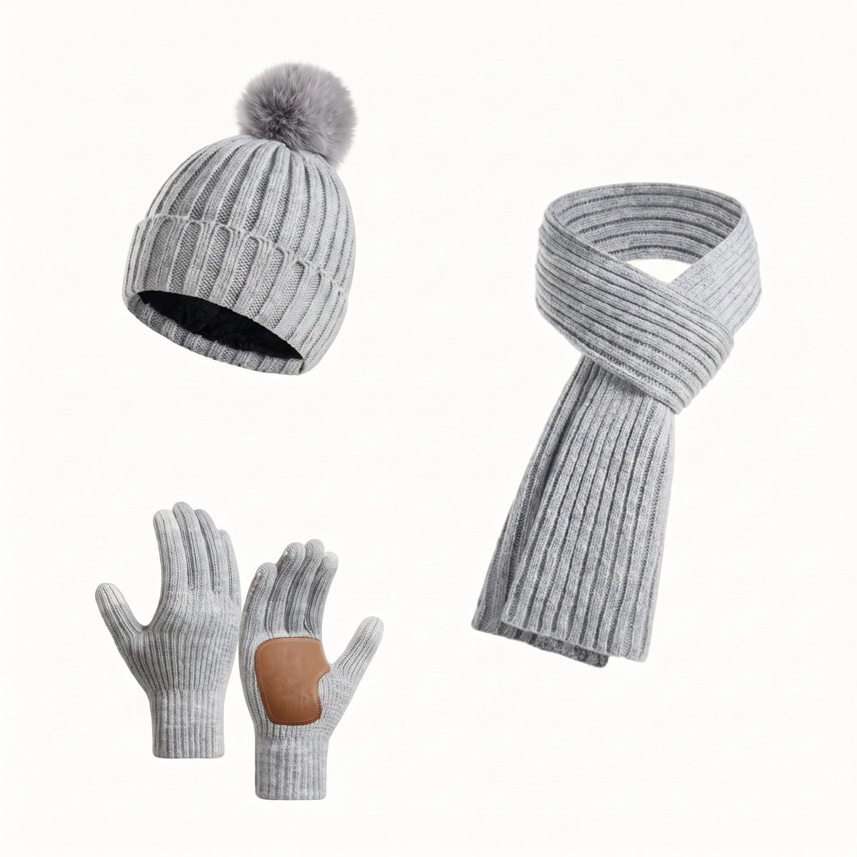 3 Piece Pom Beanie Scarf and Touchscreen Gloves Winter Set