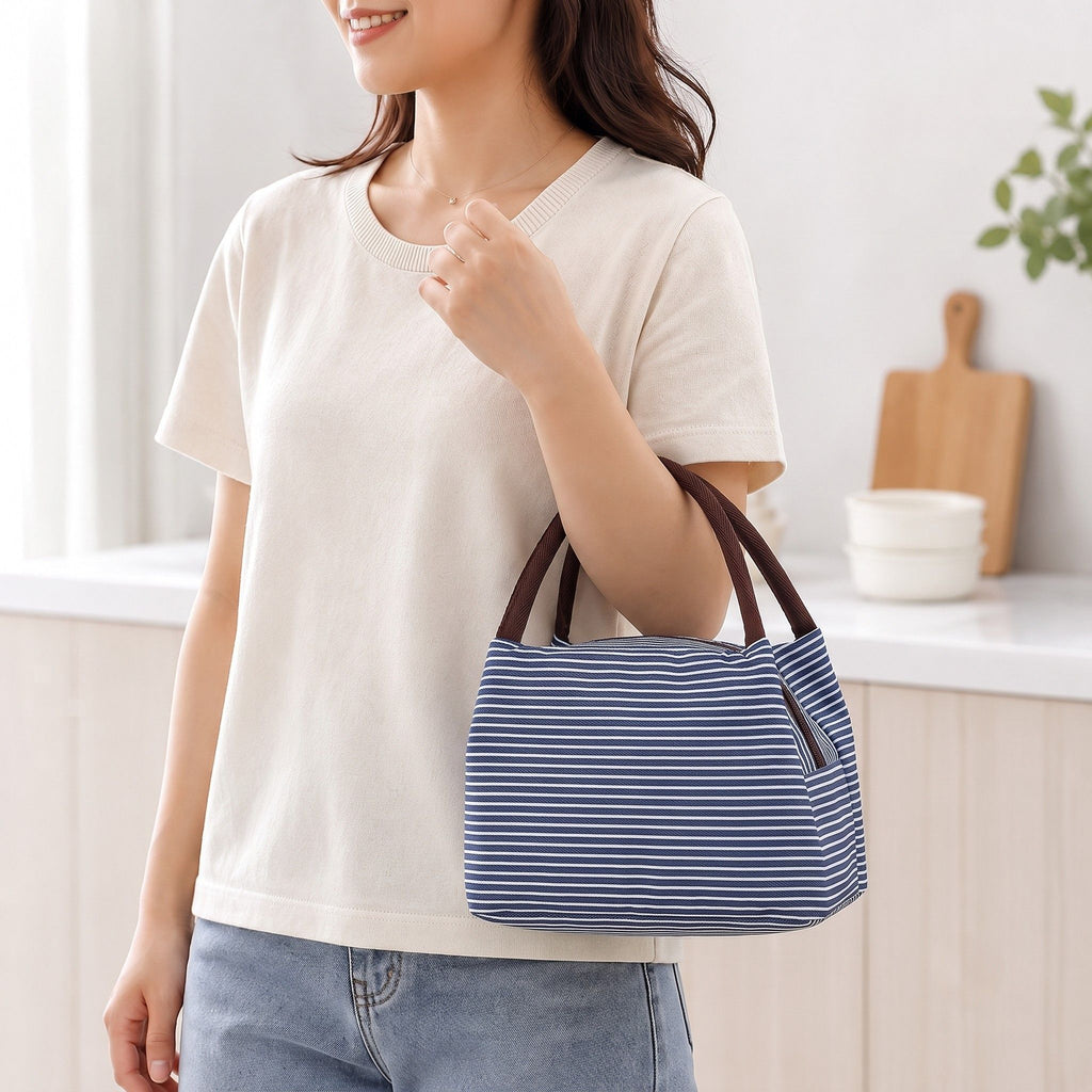 Insulated Striped Lunch Bag Reusable Soft Cooler Tote for Work School Picnic
