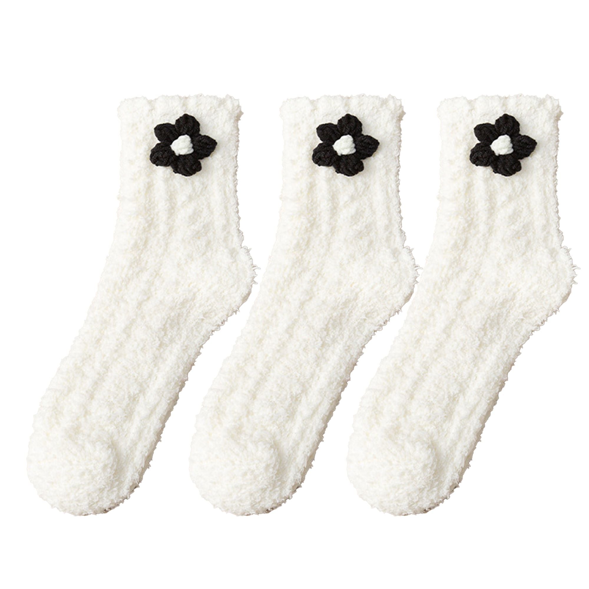 Anna-Kaci 3-Pair Plush Fuzzy Socks with Crochet Flower Detail for Cozy Indoor Wear