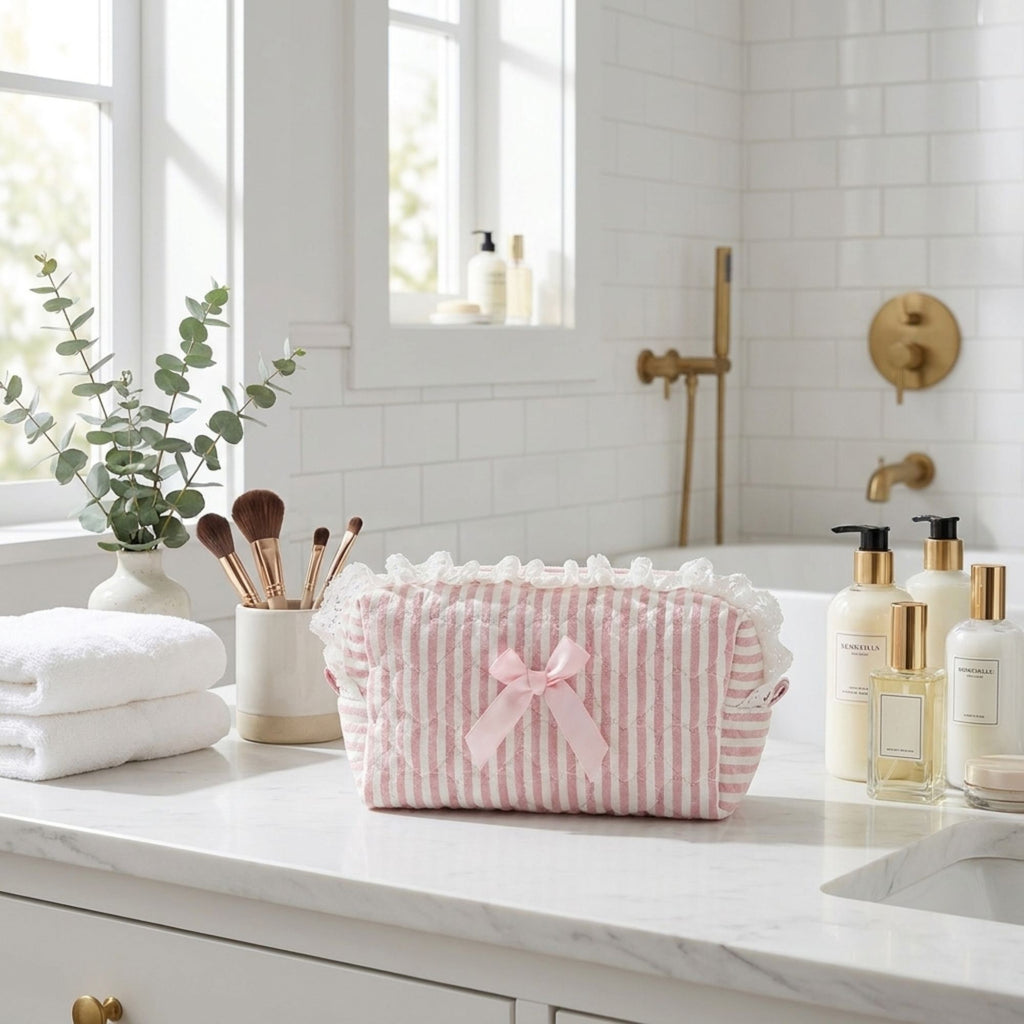 Quilted Makeup Bag Large Capacity Cosmetic Pouch Travel Toiletry Organizer
