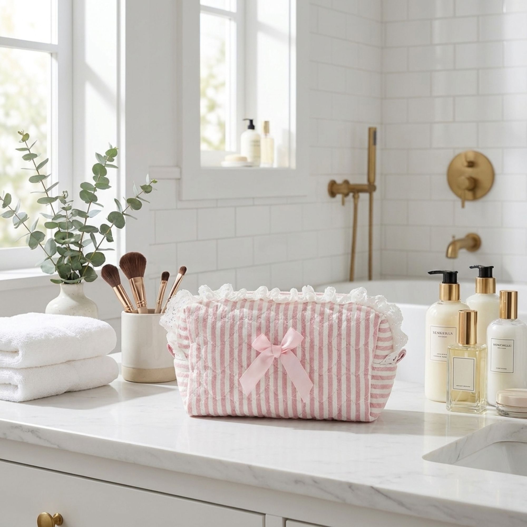 Quilted Makeup Bag Large Capacity Cosmetic Pouch Travel Toiletry Organizer