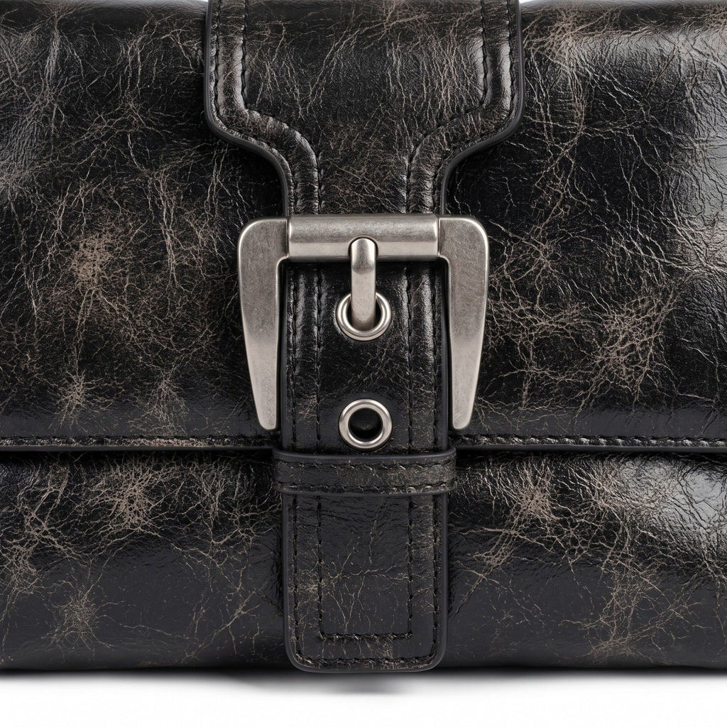 Distressed-Look Flap Shoulder Bag with Metal Clasp