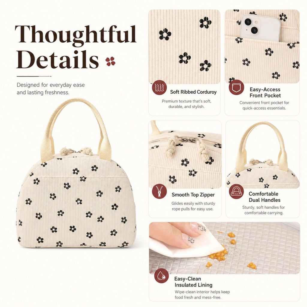 Heart Print Corduroy Insulated Lunch Bag with Handles and Zip Closure