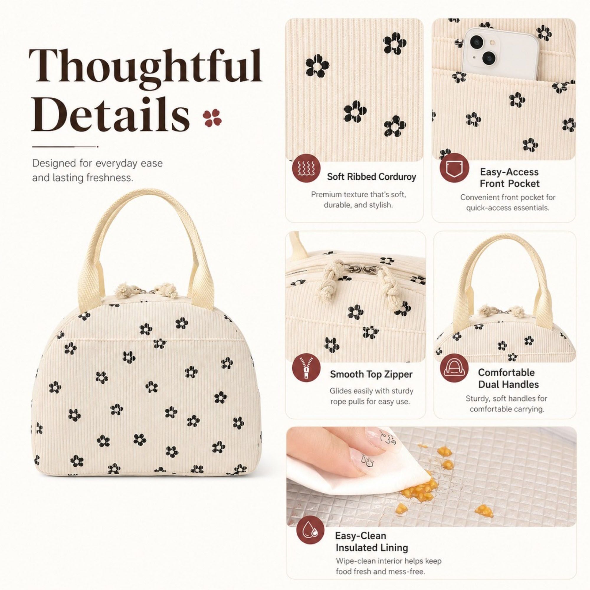 Heart Print Corduroy Insulated Lunch Bag with Handles and Zip Closure