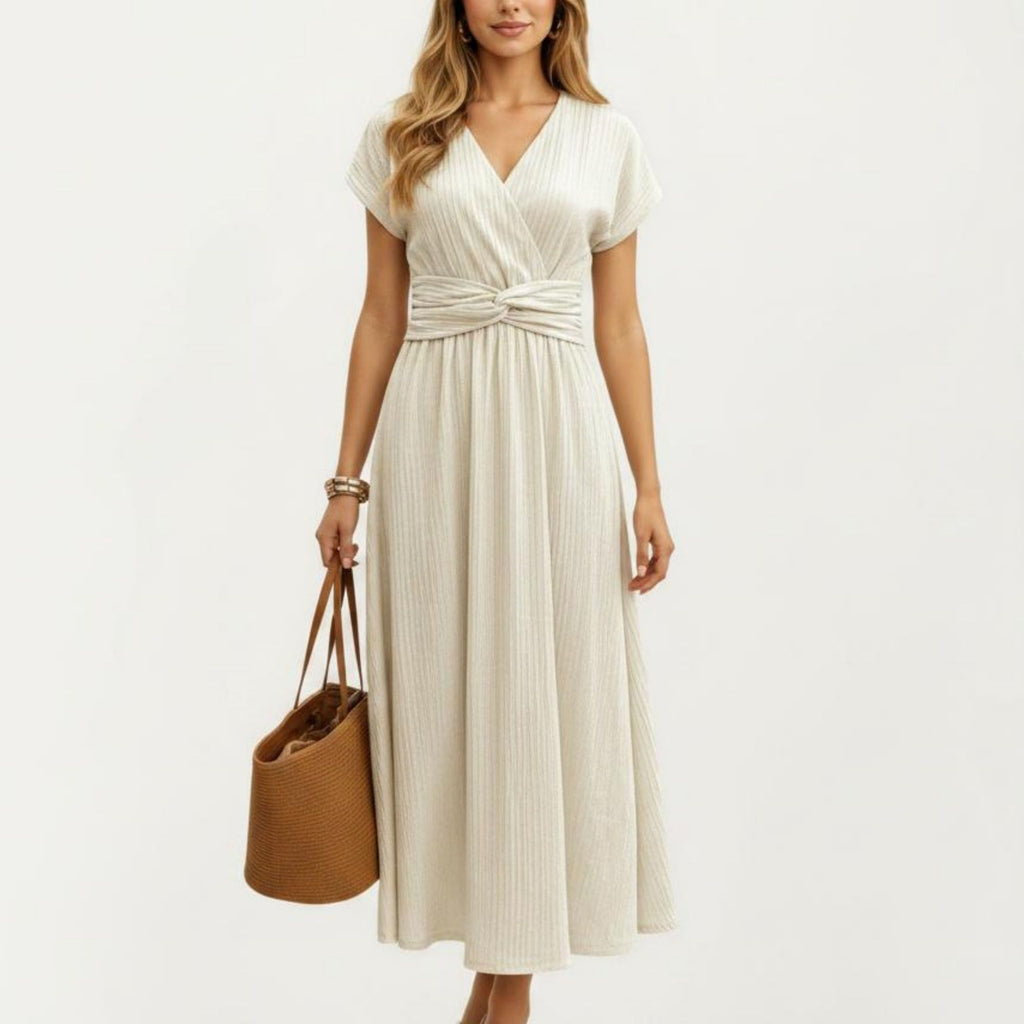 Anna-Kaci Women's Short Sleeve Midi Dress with Wrap V Neck Twist Front Waist Detail Textured Knit Flowy Fit
