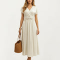 Anna-Kaci Women's Short Sleeve Midi Dress with Wrap V Neck Twist Front Waist Detail Textured Knit Flowy Fit