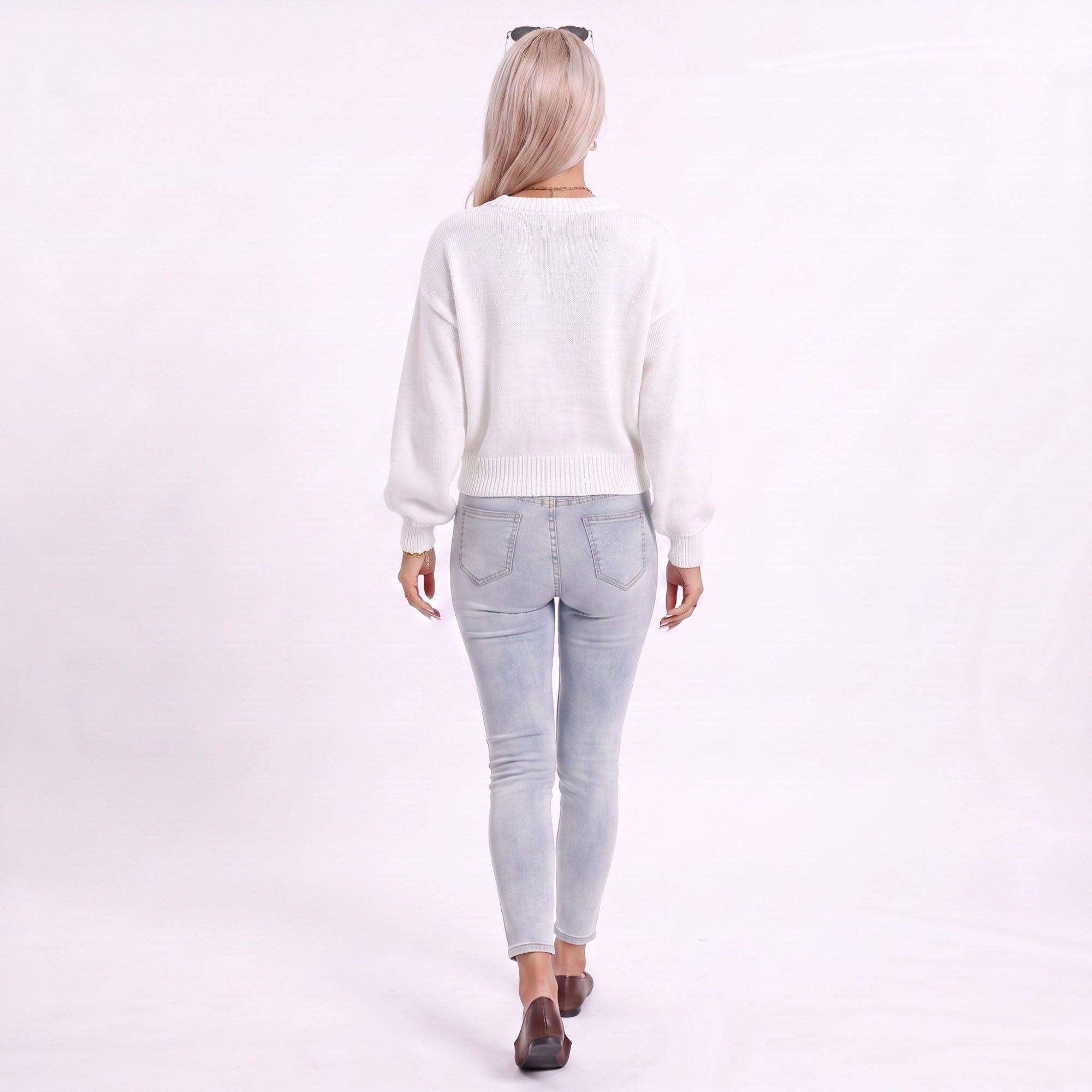 Colorful Bow Crew Neck Long Sleeve Knit Sweater