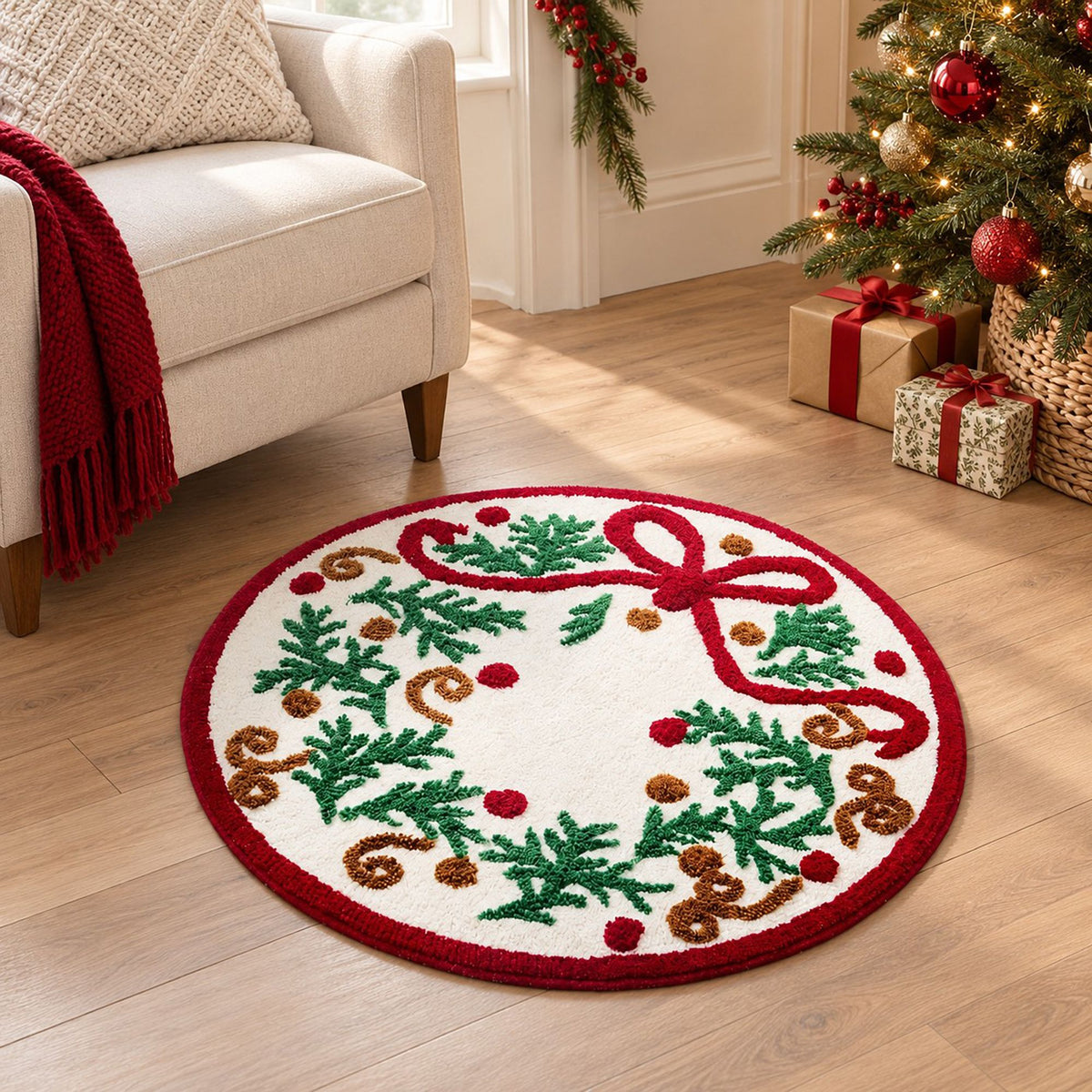Christmas Snowflake and Wreath Tufted Bath Rug with Nonslip Backing 23.6 in