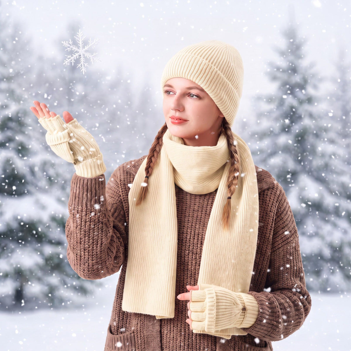 3 Piece Beanie Scarf and Convertible Fingerless Gloves Winter Set