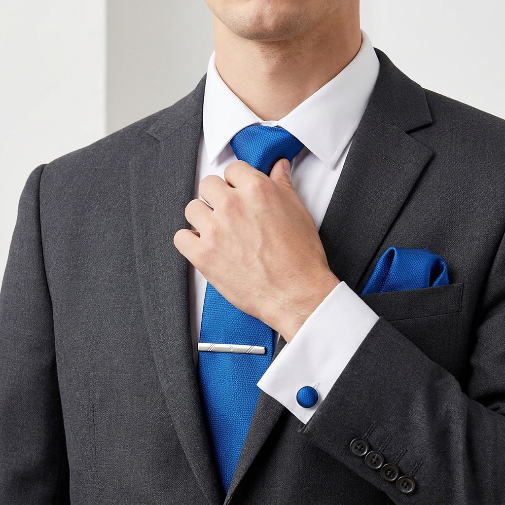 Men's Textured Solid Color Tie Gift Set with Matching Pocket Square Cufflinks and Silver Tie Clip