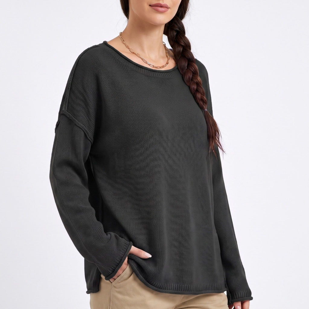 Relaxed Drop Shoulder Crew Neck Long Sleeve Knit Sweater