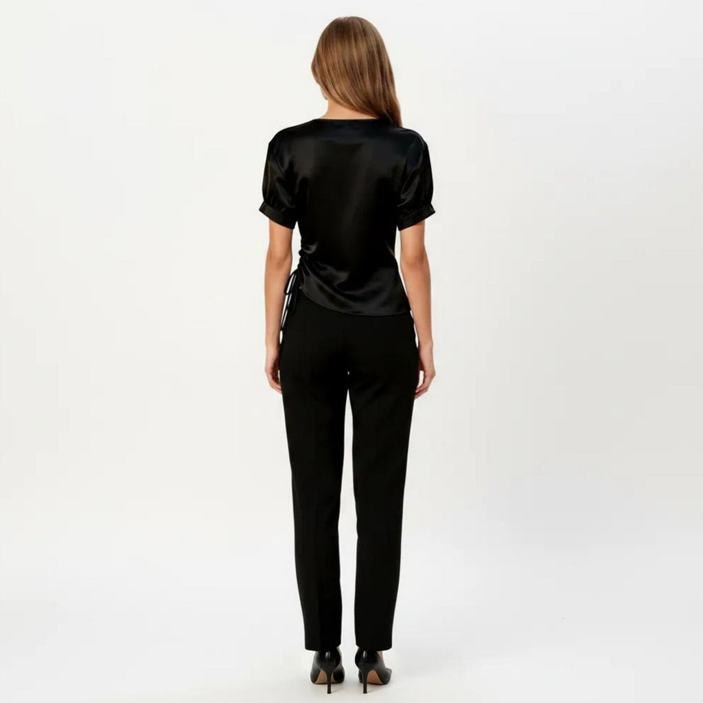 Anna-Kaci Women's Satin V Neck Blouse with Puff Sleeves and Side Ruched Drawstring