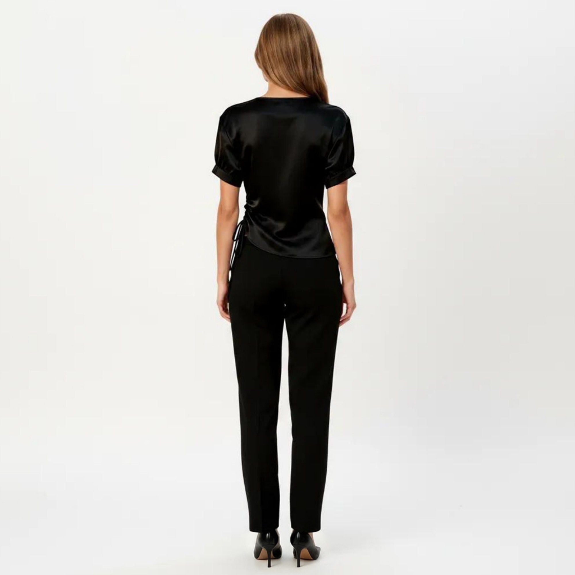 Anna-Kaci Women's Satin V Neck Blouse with Puff Sleeves and Side Ruched Drawstring